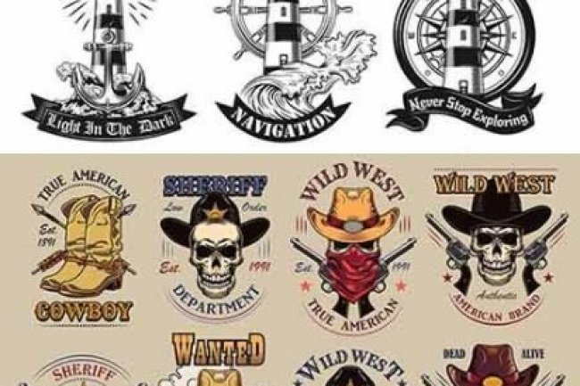 Marine world and Wild West set of labels and logos