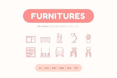 30 Icons Furnitures Part-02 Outline Style