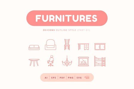 30 Icons Furnitures Part-01 Outline Style