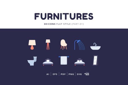 30 Icons Furnitures Part-01 Flat Style