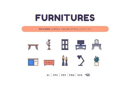 30 Icons Furnitures Part-02 Lineal Color Style